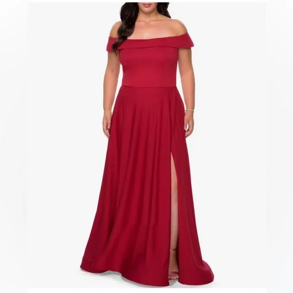 La Femme Off The Shoulder Plus Size Dress With Leg Slit - Red - 16W